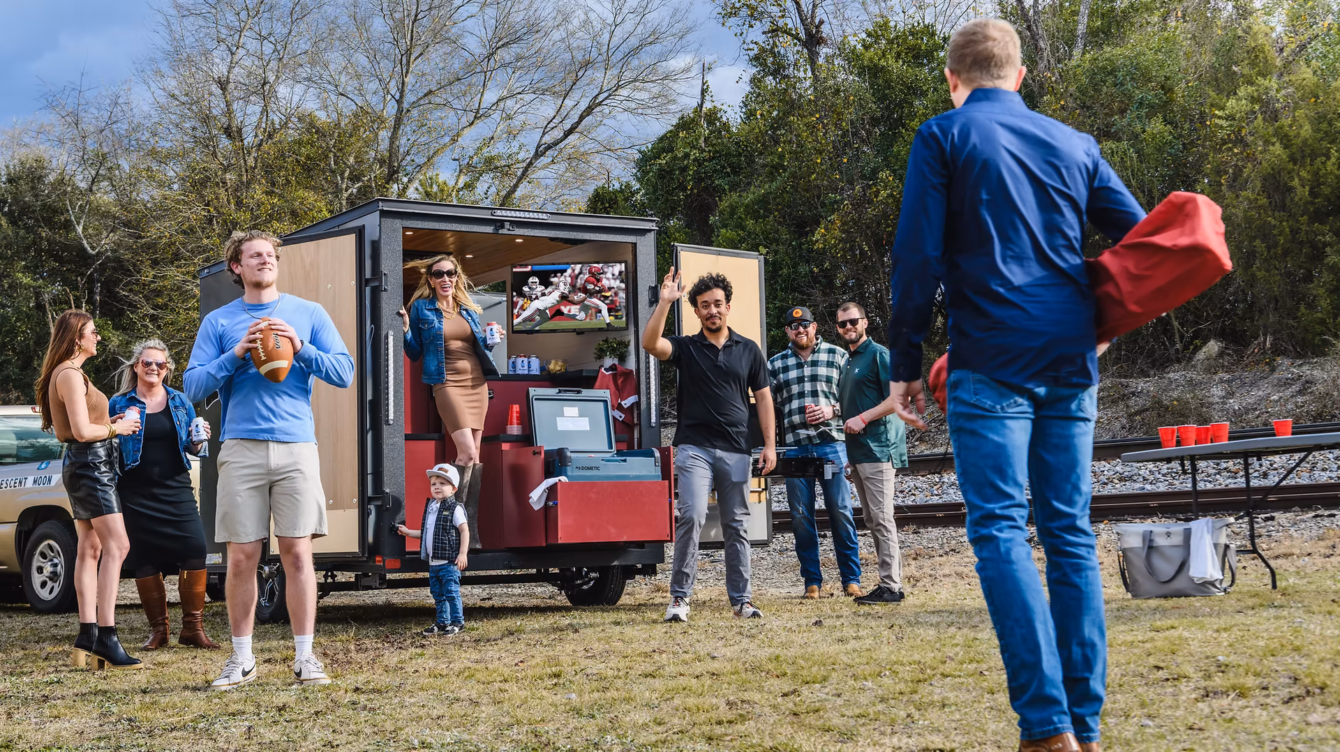 Ice House trailer set up for tailgating on game day